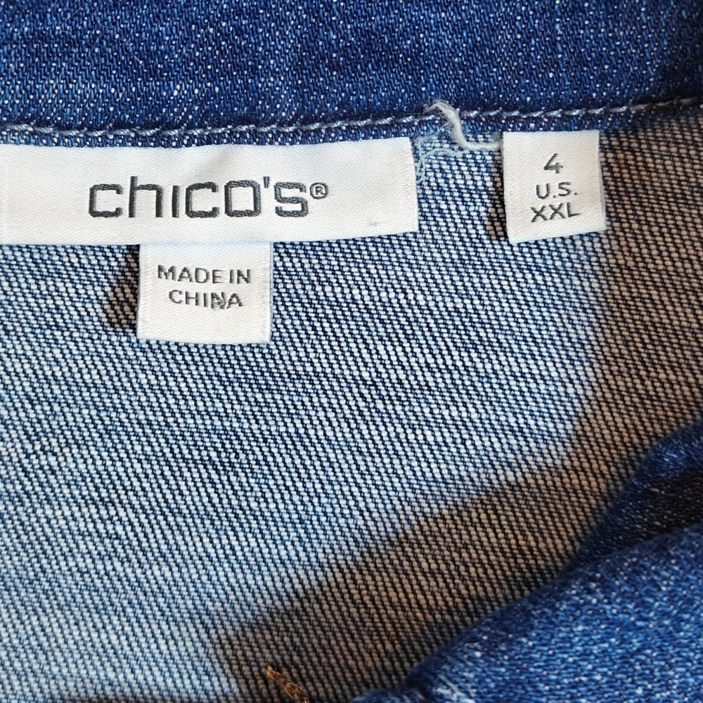 Chico's Design Artsy Embroidered Distressed Jean Jacket Size 4 XXL BohoArtsy - Picture 11 of 12
